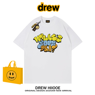 drew美式 印花短袖 T恤女夏季 宽松休闲情侣纯棉上衣 潮牌宋雨琦同款