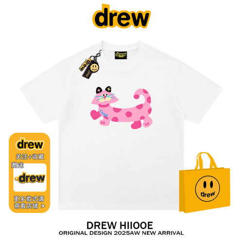 drew美式潮牌卡通可爱猫咪印花短袖t恤女夏季纯棉宽松学生情侣款