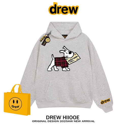 drew美式潮牌格子小狗印花连帽卫衣男女秋冬复古宽松情侣纯棉外套