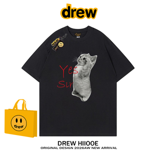 t恤男女夏季 宽松休闲情侣上衣 潮牌趣味猫咪印花纯棉短袖 drew美式