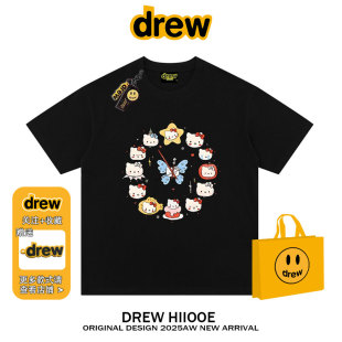 drew美式 纯棉宽松休闲情侣上衣 潮牌卡通时钟kitty短袖 t恤男女夏季
