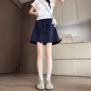 藏青色山本工装裙裤女夏季薄款大码胖mm高腰遮胯显瘦a字五分裤潮