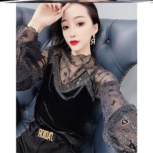 拼接网纱打底衫 蕾丝内搭时尚 加绒丝绒上衣女秋冬洋气小衫 薄款