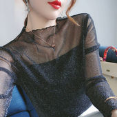 加绒亮丝网纱长袖 修身 打底衫 蕾丝衫 百搭洋气上衣女 2025新款 常规