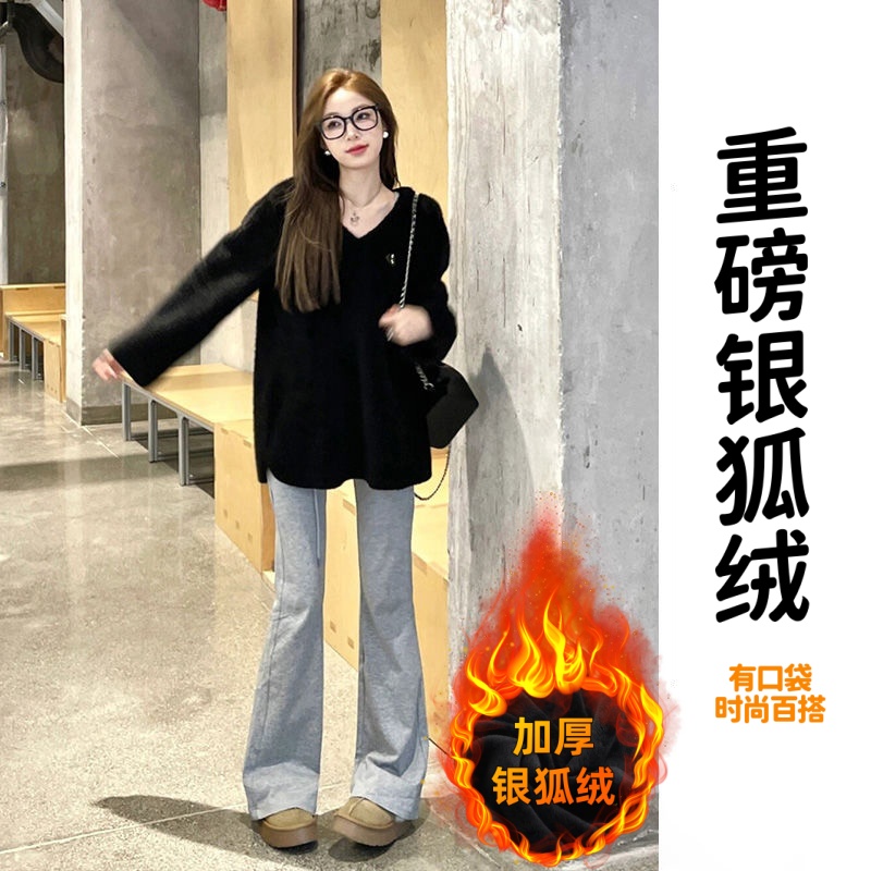 2025新款小个子运动卫裤冬瑜伽休闲裤子微辣喇叭裤女春秋灰色加绒