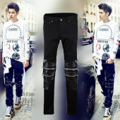 Mùa thu và mùa đông Wu Yifan GD với cùng một đoạn khâu quần da Quan Zhilong new casual đen Slim dây kéo quần thủy triều