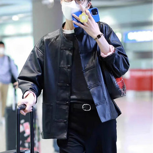 宽松小个子设计感夹克上衣潮 2023新款 国风盘扣皮衣短款 外套女秋季