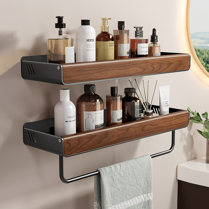 胡桃木浴室置物免打孔洗手间卫生间洗漱台壁挂式墙上毛巾收纳架子