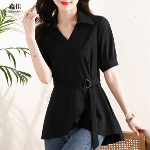 女短袖 大码 法式 夏季 小众遮肚子高级感荷叶边衬衣 上衣2026新款 衬衫