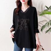 微胖mm蕾丝打底衫 t恤女装 宽松烫钻V领上衣 长袖 蕴佳春秋加肥加大码