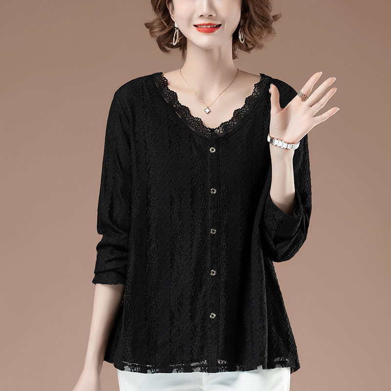 早秋季新款花边领长袖蕾丝衬衫大码女装赫本风上衣中年妈妈打底衫