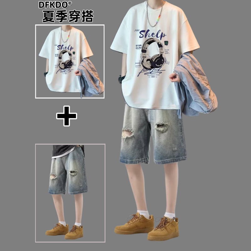 夏季青少年印花短袖T恤破洞牛仔短裤两件套男装套装休闲运动装