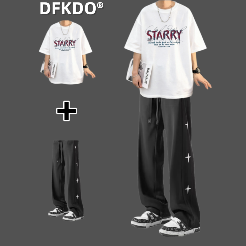 纯棉字母印花短袖T恤套装男生夏季酷帅穿搭青少年学生潮流两件套