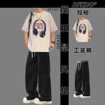 潮流T恤印花T恤红色ins工装男装长裤港风短袖夏季酒套装两件套