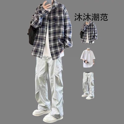 日系复古格子衬衫男士套装秋季男生外套搭配工装裤风格衬衣三件套