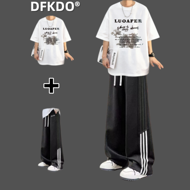 夏季字母印花短袖T恤运动套装男青少年潮流帅气两件套休闲男装