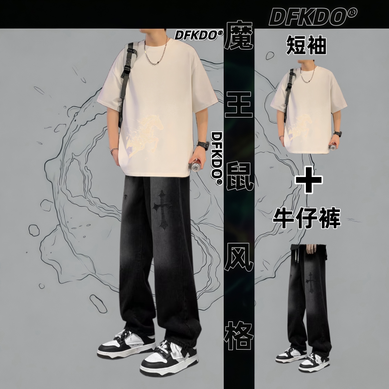 夏季黑色短袖印花休闲套装男青少年潮流炸街两件套运动男装穿搭