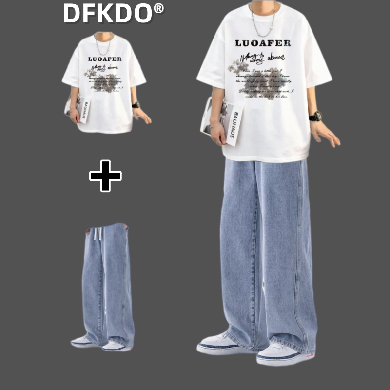 美式风印花短袖T恤套装男夏季青少年宽松休闲两件套搭配牛仔裤