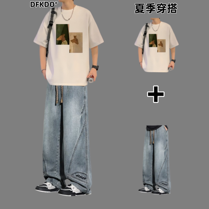 美式复古印花短袖T恤牛仔裤套装男夏季青少年学生帅气潮流两件套