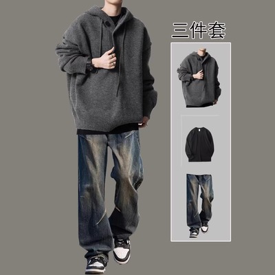 美式连帽学院风毛衣套装