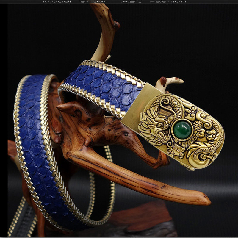 真蟒蛇皮皮带男时尚男款玉石铜龙扣头自动扣裤腰带个性商务高档7