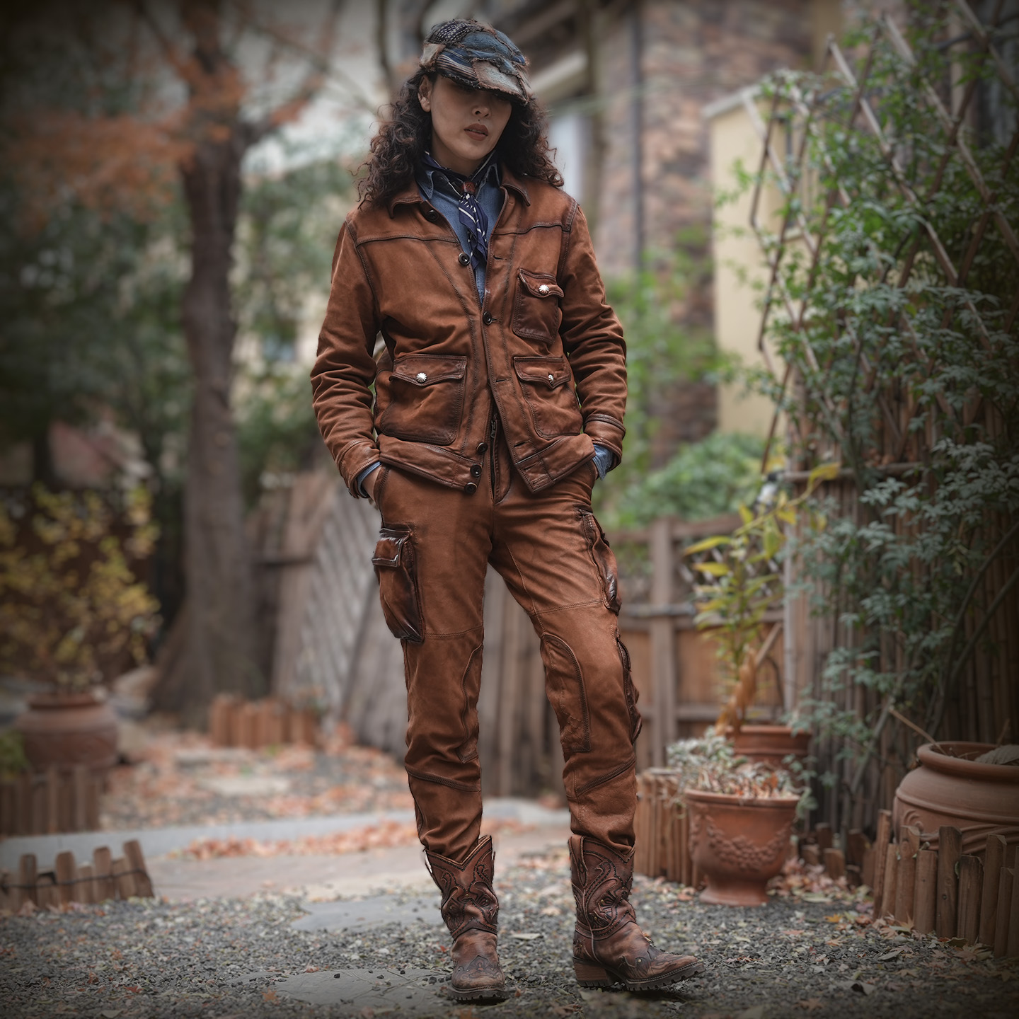 美式复古皮裤伐木农场主工装男猎装多口袋山羊皮手工做旧老钱风女