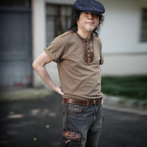 手工马皮拼接刺子工装美式复古重磅皮扣T恤短袖纯棉亨利衫男手工