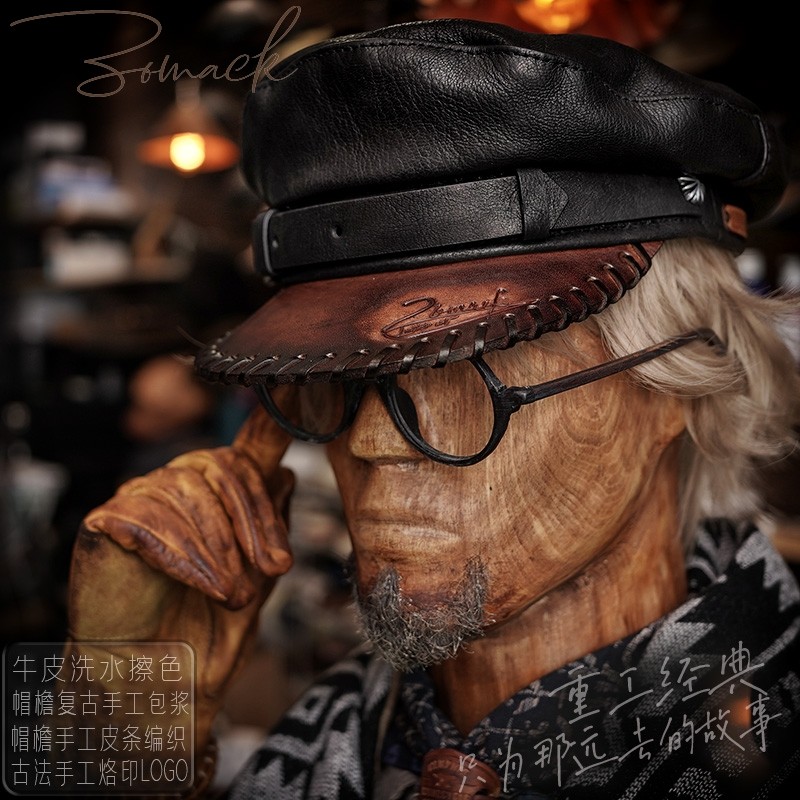机车帽子男真皮贝雷帽手工骑士上校苏联美国船长帽古着设计师品牌