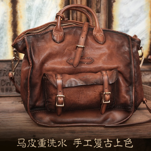 古董马皮手提包Vintage重手工擦色重油染单肩包老钱风高级感大号