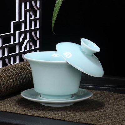 德化青瓷家用复古影青防烫可悬停功夫茶具马蹄盖碗三才碗茶杯套装