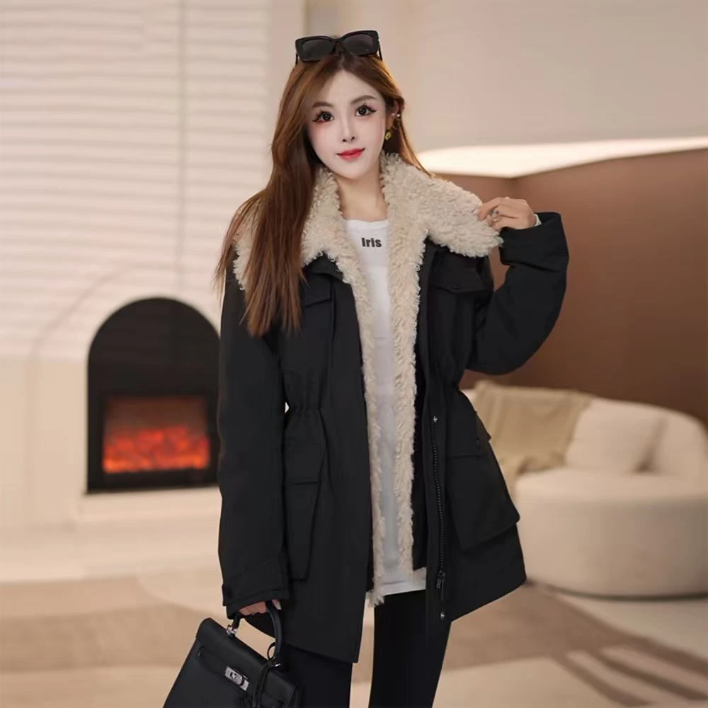 皮毛一体工装派克羽绒服女中长款