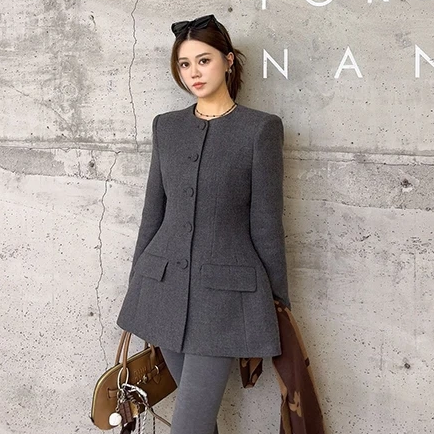 法式气质蚂蚁腰西装呢子大衣秋冬