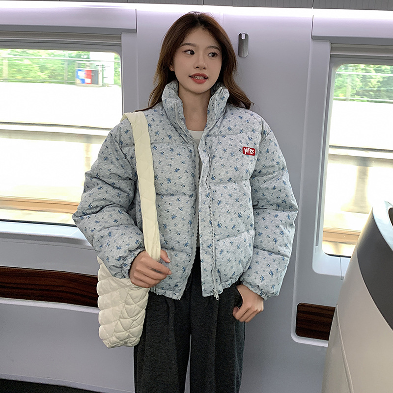圈圈cooky 甜甜奶芙 韩系小碎花立领短款羽绒棉服宽松面包服女