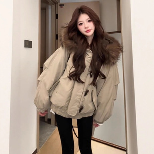 美式复古大毛领连帽棉服女冬季外套2025年新款牛角扣加厚保暖棉衣