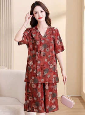 新款睡衣女夏季纯棉绸短袖短裤套装妈妈装加肥加大码家居服可外穿