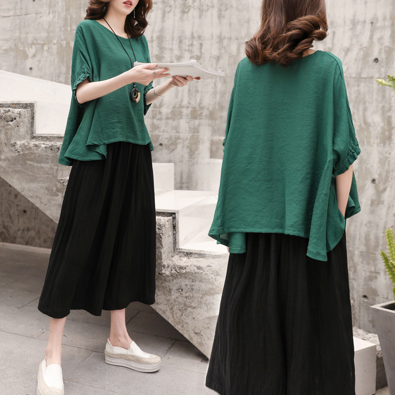 2020年新款夏季中老年女装妈妈时尚宽松洋气减龄大码棉麻两件套装