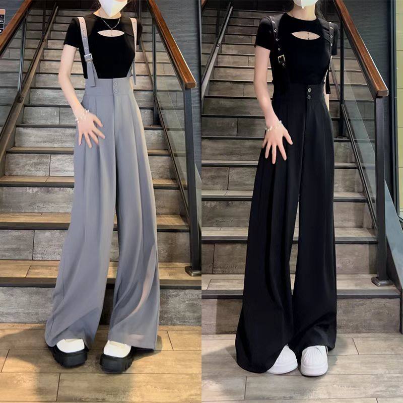 背带直筒西装裤女春秋2025新款韩版宽松高腰显瘦垂感休闲阔腿裤子