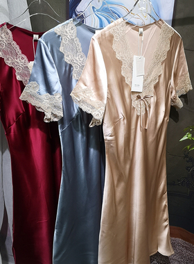 美腻好物 夏日新真丝短袖睡裙性感v领蕾丝100桑蚕丝家居服睡衣裙