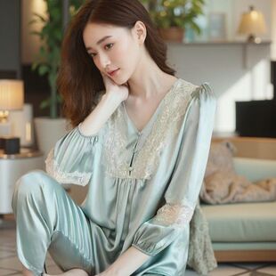 母亲节送妈妈新款真丝睡衣女夏七分袖加大码100桑蚕丝套装家居服