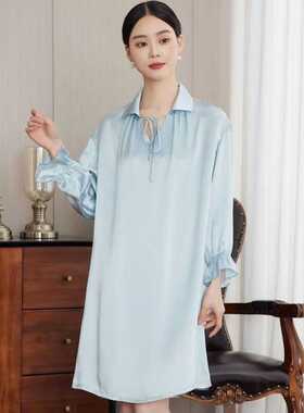 Silk春夏真丝睡裙女大码抽绳系带领纯色V领桑蚕丝连衣裙居家好物