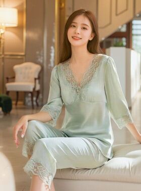 软糯韩版舒服重磅真丝睡衣女士自带胸垫性感修身夏季家居服两件套