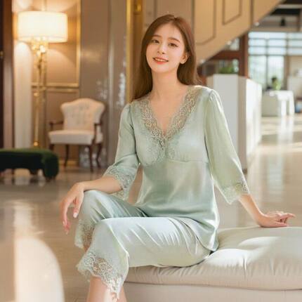 软糯韩版舒服重磅真丝睡衣女士自带胸垫性感修身夏季家居服两件套
