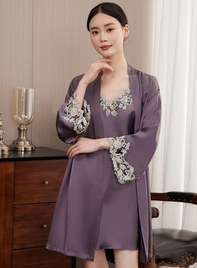 夏 轻奢重磅真丝睡袍100桑蚕丝性感蕾丝吊带浴袍睡衣LP家居服晨袍