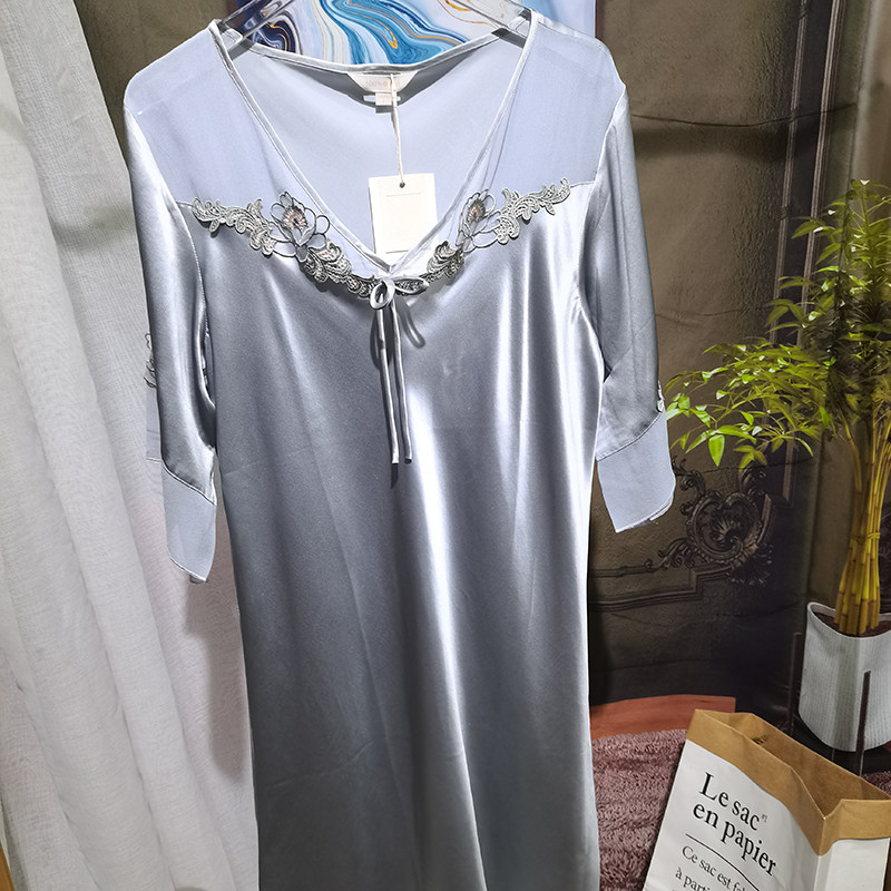 宅家美美的夏日新真丝短袖睡裙性感v领蕾丝100桑蚕丝家居服连衣裙
