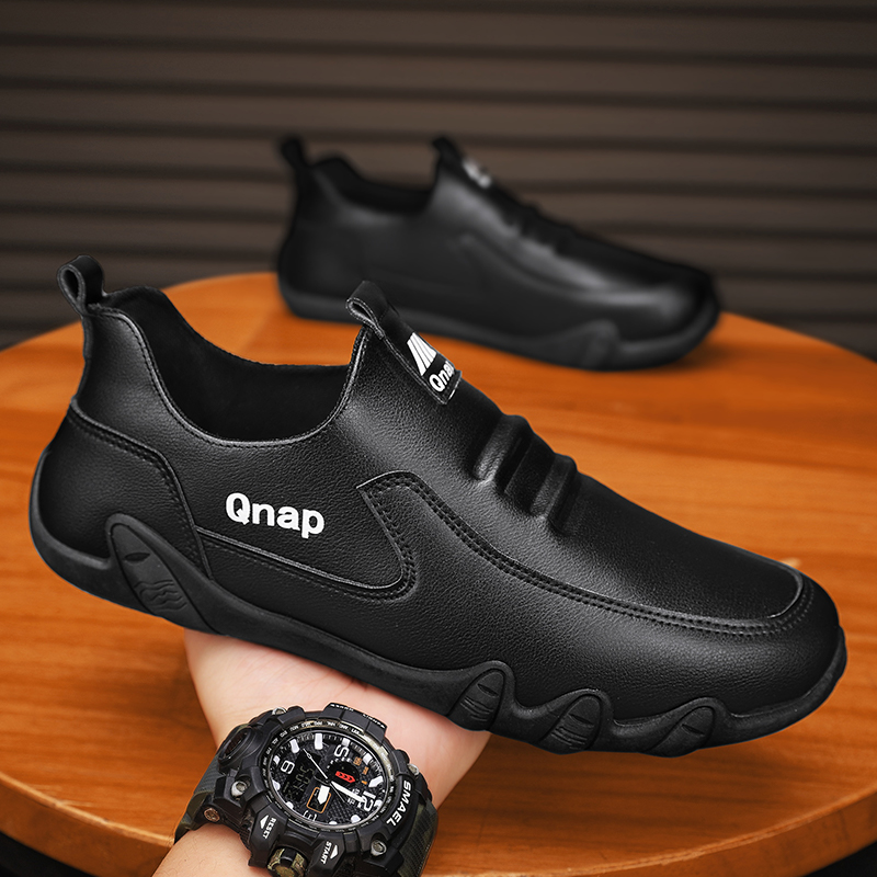 男鞋2025春季新款厨师工作上班皮面耐磨青少年一脚蹬休闲黑色皮鞋