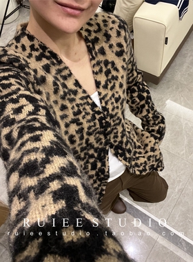 欧美博主款 复古豹纹V领软糯拉毛针织开衫外套女