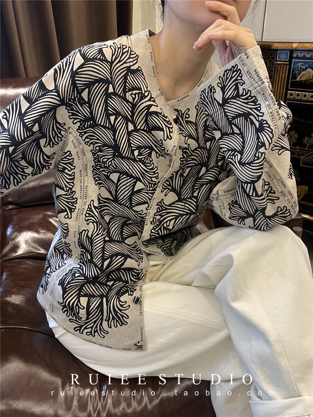 新中式弯刀袖亚麻绳结衬衫外套女