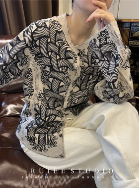 新中式国风小众设计绳结印花弯刀超长袖亚麻衬衫外套女