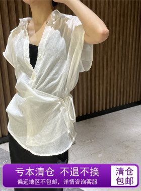 【特价不退换】100苎麻超薄透视落肩无袖斜系带不对称宽松衬衫女