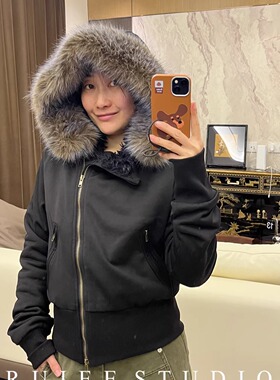 【特价商品no退换】连帽毛领斜襟毛绒内胆棉服拉链卫衣外套短款女